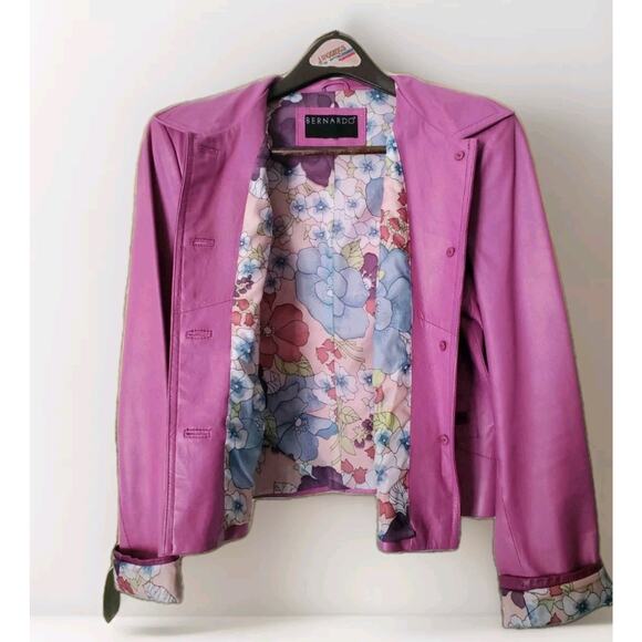 Bernardo Pink Petunia Leather XL Fitted Moto/Barbie SPRING Jacket Floral Lining - Picture 2 of 14
